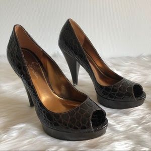 Via Spiga Croc Peep Toe Cone Heel Pumps SZ 7.5